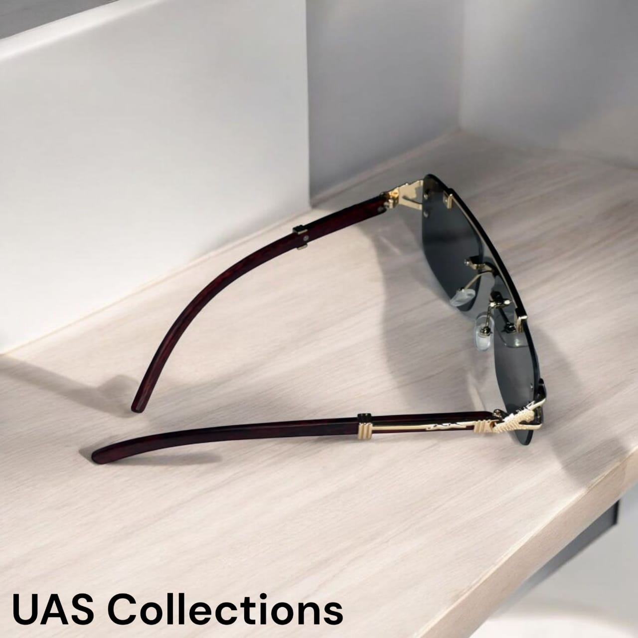 Luxury Rimless Rectangular Sunglasses - Gold Detail & Wood Grain Arms