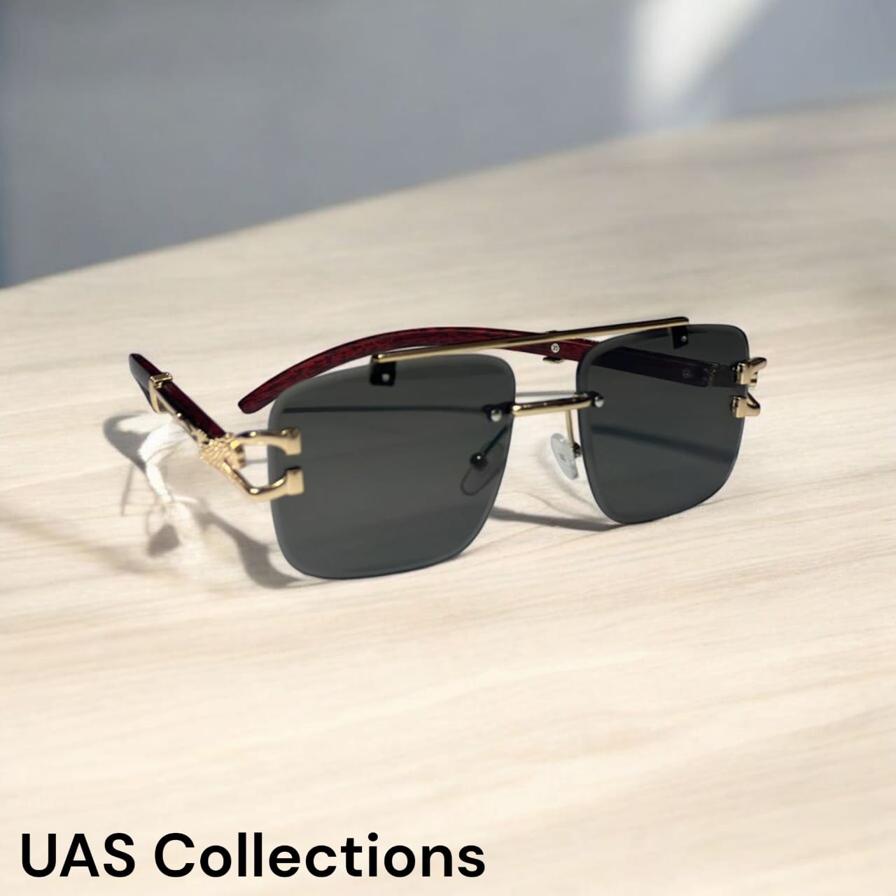 Luxury Rimless Rectangular Sunglasses - Gold Detail & Wood Grain Arms