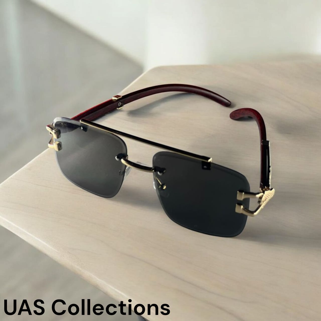 Luxury Rimless Rectangular Sunglasses - Gold Detail & Wood Grain Arms