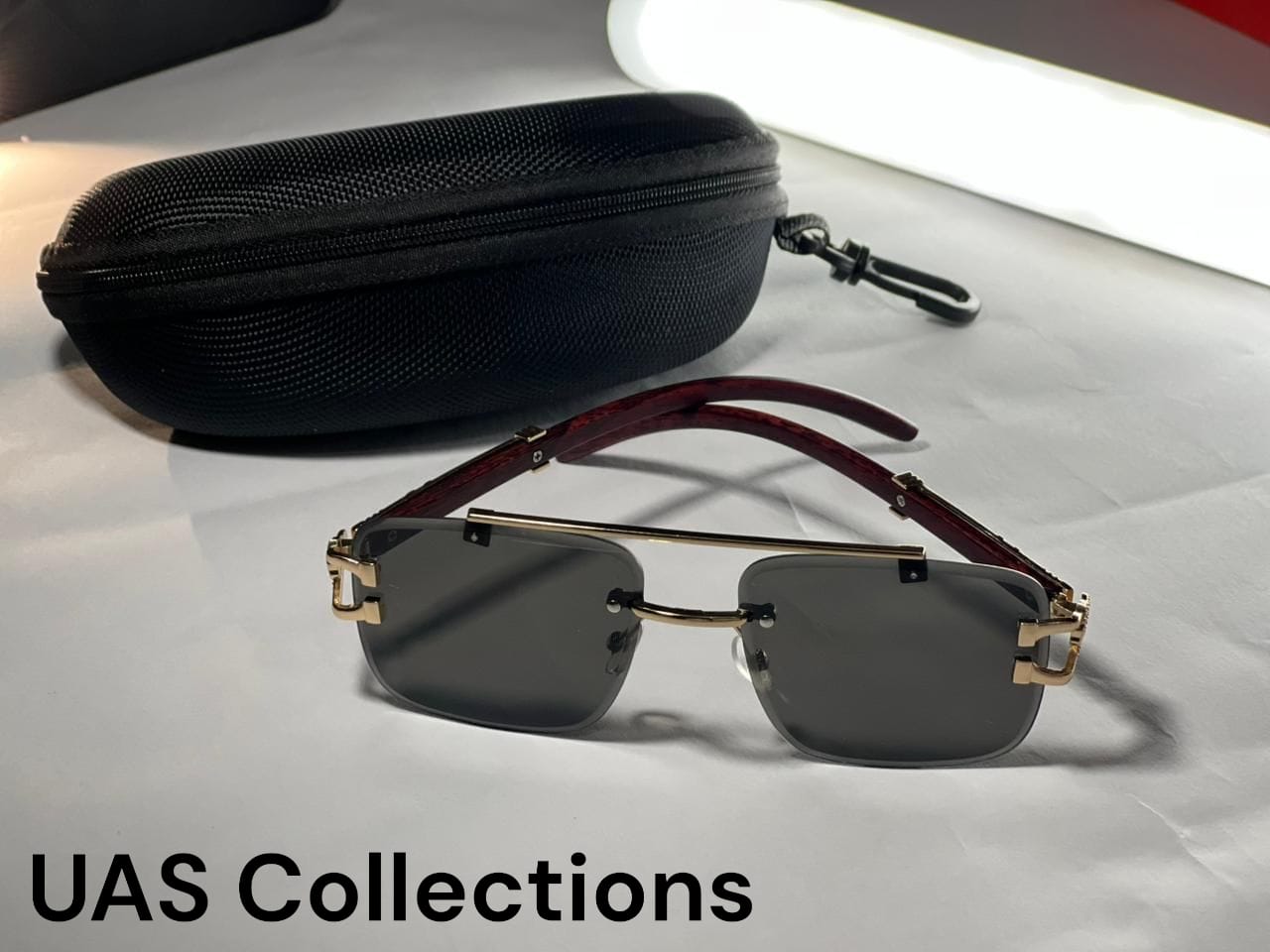 Luxury Rimless Rectangular Sunglasses - Gold Detail & Wood Grain Arms